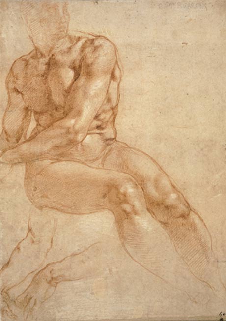 Michelangelo Buonarroti: Mužský akt v sede, okolo 1511, z výstavy vo viedenskej Albertine