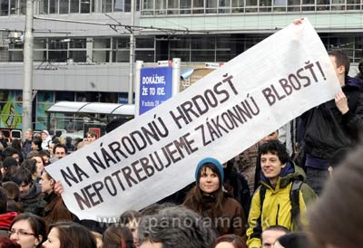 Demonstration in front of Presidential Palace in Bratislava called on President Ivan Gasparovic not to sign the newly-enacted Patriot Act. March 10.