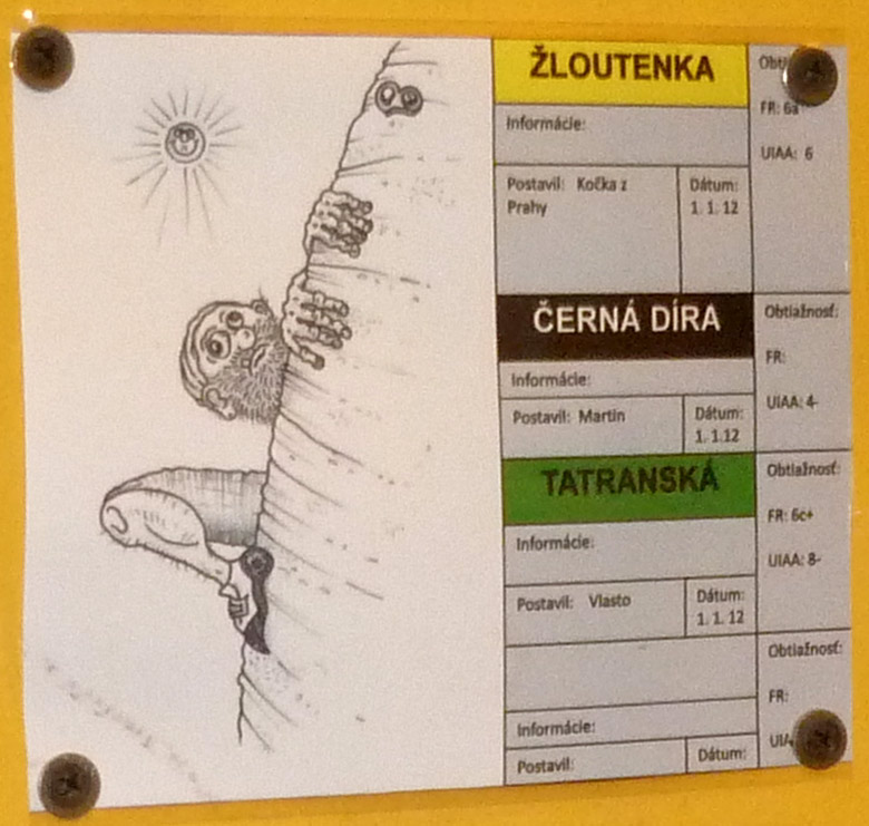 Lezecká hala K2 v Bratislave - označenie ciest s karikatúrou